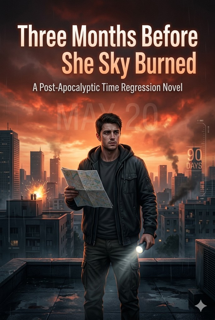 Cover: a survivor with map and flashlight on a rooftop over a burning city under a fiery sky — Three Months Before the Sky Burned